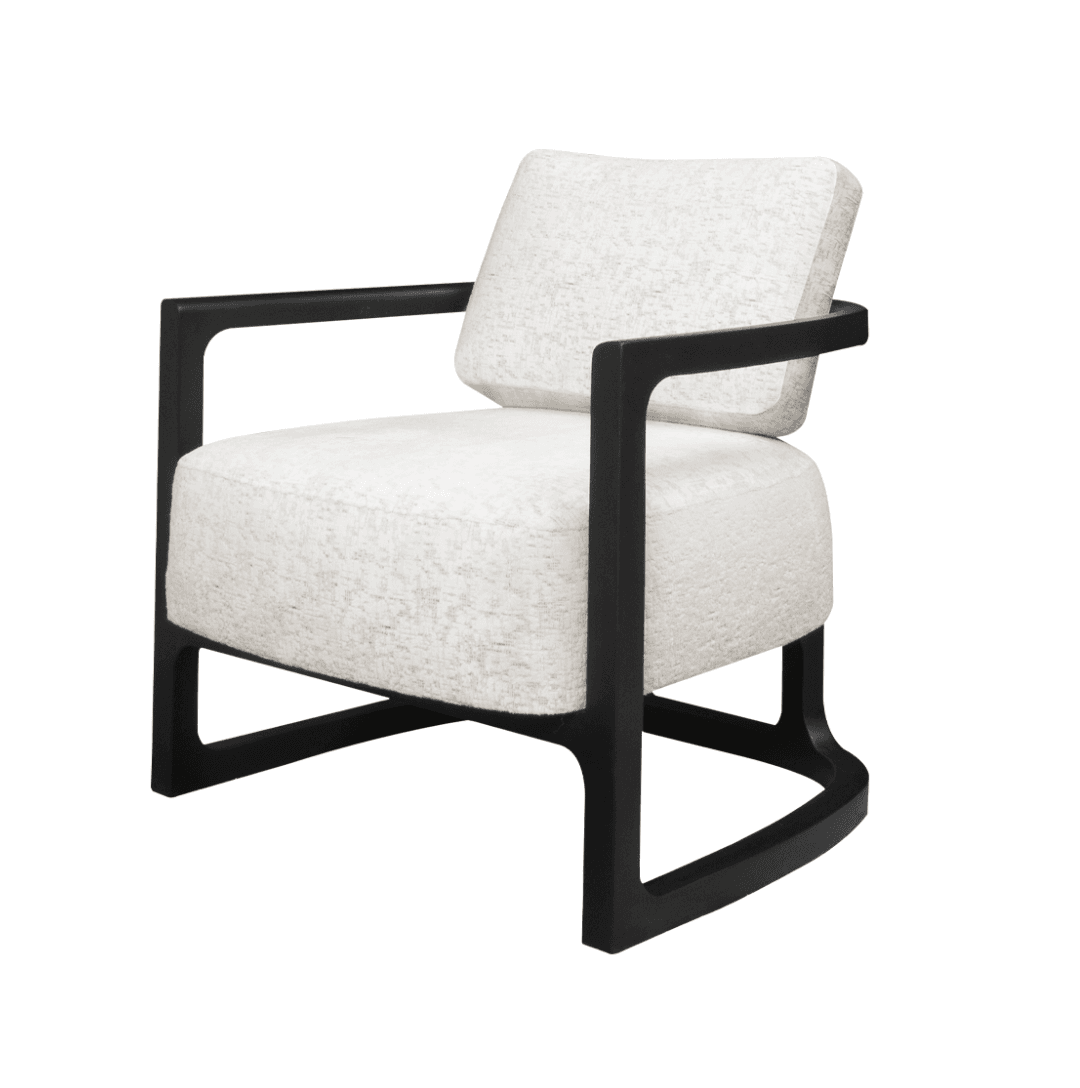 A contemporary armchair featuring an open, dark-stained wood frame and plush, light-colored textured fabric upholstery. — 3D model