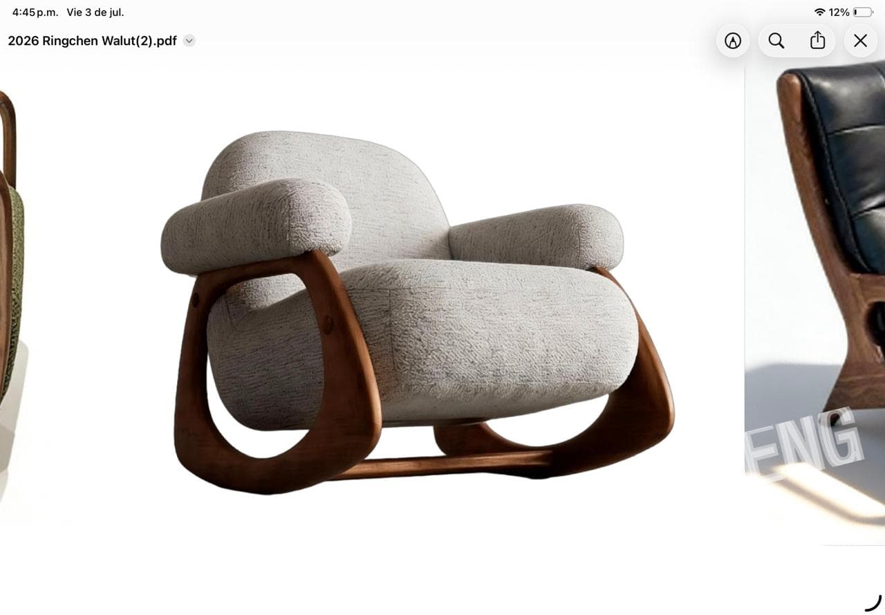 A modern lounge chair featuring a generously padded light gray upholstered seat and backrest, supported by a distinctive, continuously curved wooden frame. The frame forms the base, armrests, and back support, creating a fluid, sculptural silhouette. The upholstery has a textured appearance, and the bentwood frame showcases a warm, rich brown tone. — 3D model