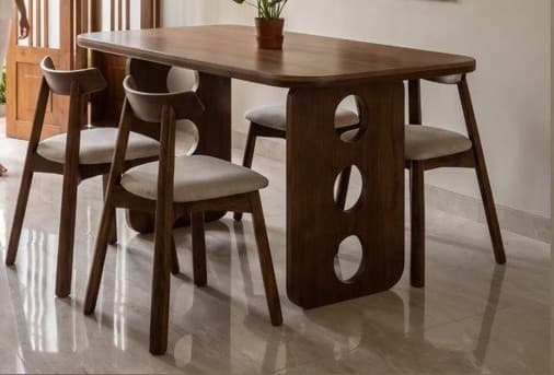 A low, rectangular wooden table with a warm walnut finish, featuring a top with rounded edges and two distinctive U-shaped slab legs, each perforated with three circular cutouts. — 3D model