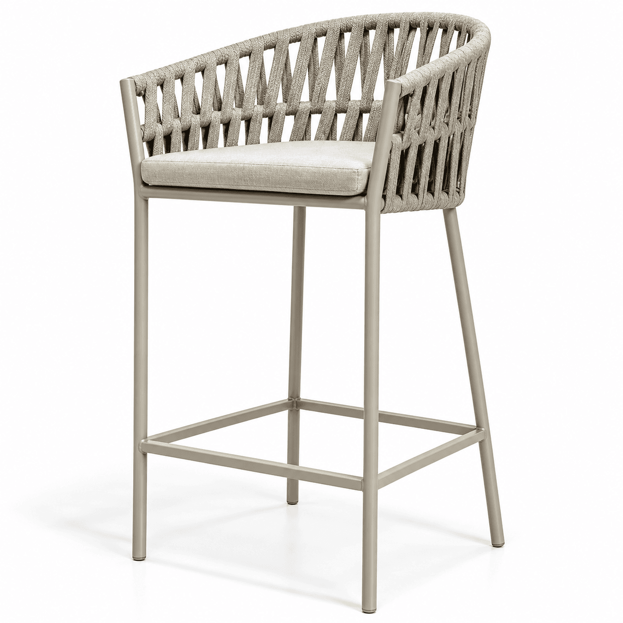 A modern bar stool featuring a sturdy metal frame and a woven rope backrest with integrated armrests, complemented by a light grey seat cushion. — 3D model