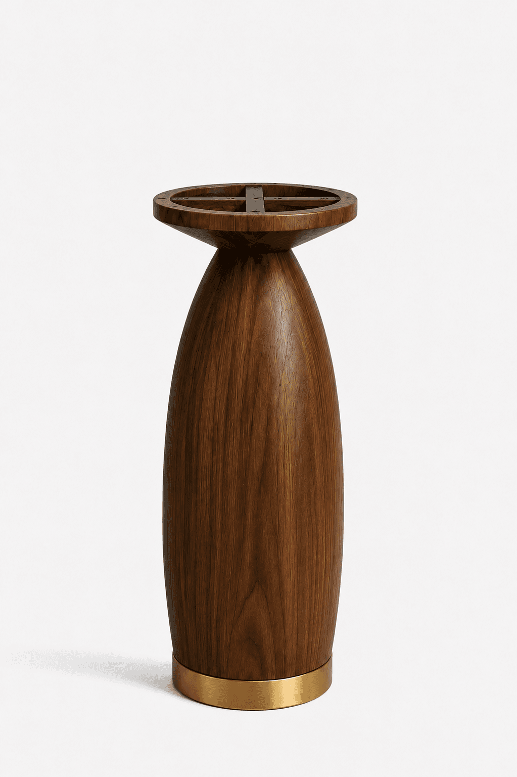 A sculptural table base crafted from dark walnut wood with a polished brass accent ring at the bottom. The central body features a smooth, tapered, and rounded silhouette, widening at the base and narrowing towards the top. The top plate is round with a recessed center, equipped with a metal cross-brace for attaching a tabletop. The wood exhibits a rich, visible grain. — 3D model