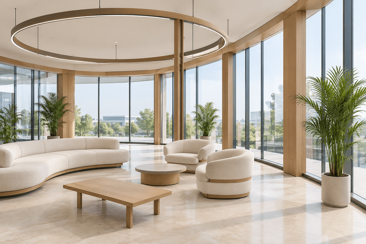 A contemporary, curved serpentine sofa upholstered in a light, cream-colored textured fabric, featuring a low integrated backrest and armrests, and resting on a subtle recessed plinth base. — 3D model
