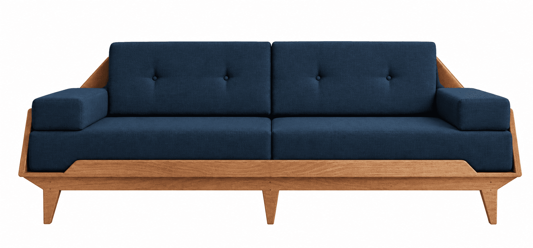 A two-seater sofa featuring a clean-lined, exposed wooden frame with navy blue upholstered cushions.… — 3D model