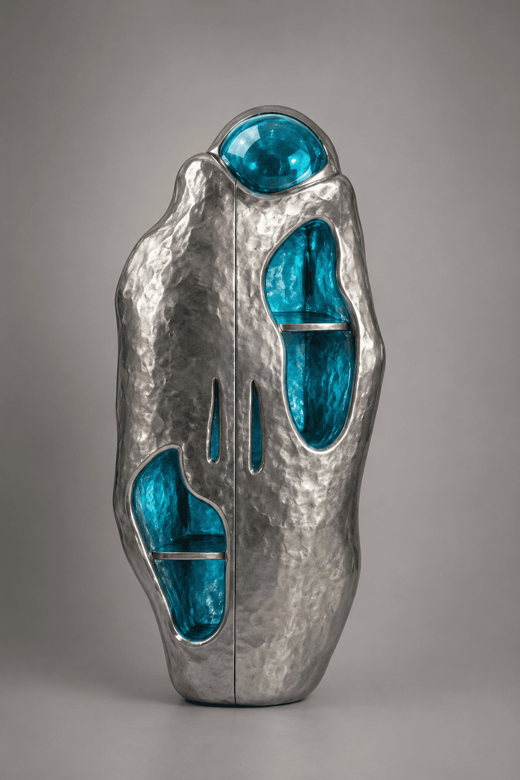 A unique, sculptural bar cabinet with a hammered silver-toned metal exterior and biomorphic blue interior compartments. The cabinet features a distinctive organic shape, appearing to be composed of two asymmetrical halves that meet in the center. The exterior surface has a roughly textured, hammered finish, while the interior reveals smooth, flowing blue-toned recesses, some of which contain integrated shelves. A prominent spherical element, also in blue, is integrated into the top of the piece. — 3D model