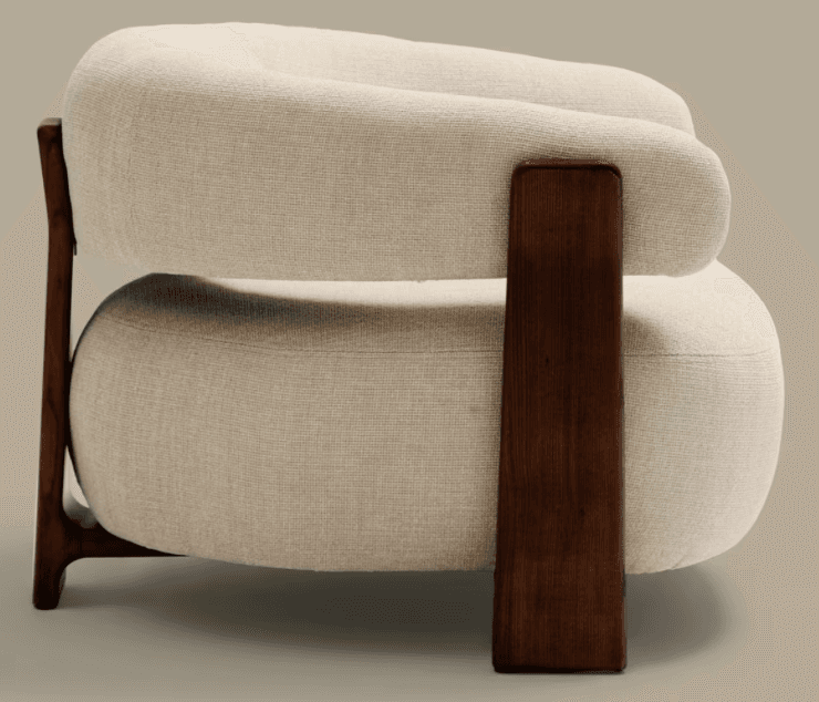 A modern armchair featuring a distinctly rounded and organic form. The upholstery is a textured, neutral-toned fabric, contrasting with the dark, solid wood frame. The frame has a minimalist design with prominent vertical elements for armrests and legs, creating a sculptural appearance. — 3D model