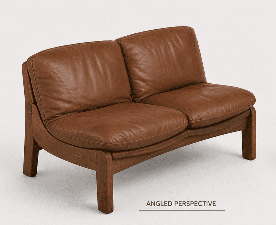 A two-seater loveseat featuring a robust, exposed wooden frame and plush, cognac-colored leather cus… — 3D model
