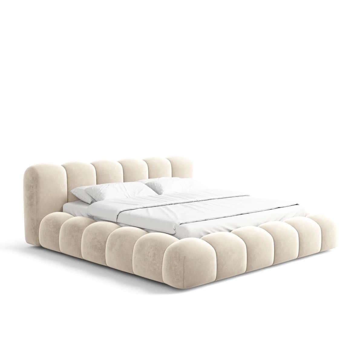 A modern platform bed featuring a distinctive channel-tufted design across its headboard and frame.… — 3D model