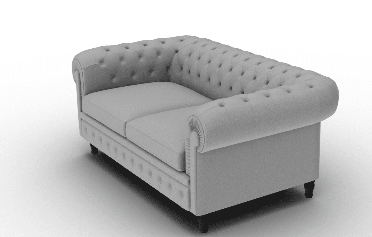 A grey Chesterfield-style loveseat sofa featuring deep button tufting on the backrest, rolled arms,… — 3D model