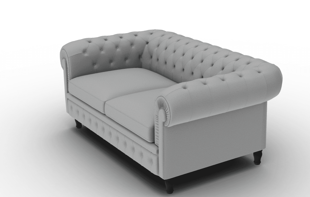 A grey Chesterfield-style loveseat sofa featuring deep button tufting on the backrest, rolled arms, and front apron. It has two separate seat cushions and is supported by short, dark, turned wooden feet. — 3D model