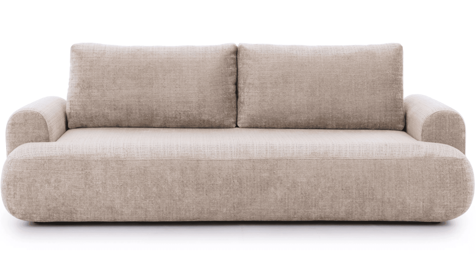 A modern sofa with a low profile and rounded armrests. It features two large back cushions and a wide seat cushion. The upholstery has a textured weave and appears to be a neutral tone. — 3D model