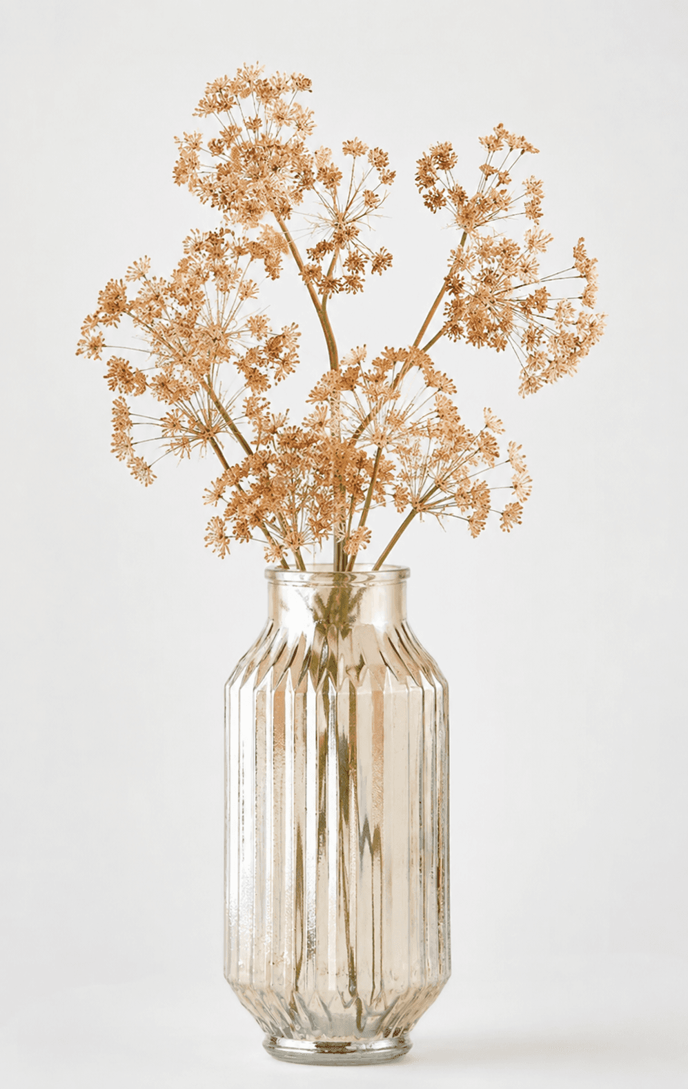 A decorative silvered glass vase with a fluted texture, holding an arrangement of dried, light brown… — 3D model