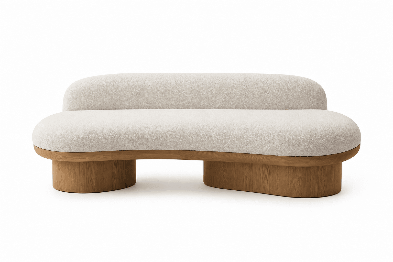A contemporary curved settee or bench featuring a light-colored, textured boucle upholstery for both the seat and integrated backrest, supported by a solid, organically shaped wooden base. — 3D model