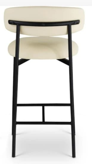 A contemporary bar stool featuring a minimalist black metal frame and two cream-colored upholstered cushions forming the circular seat and backrest. The frame includes an integrated rectangular footrest. The design is sleek and modern. — 3D model