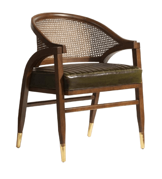 A mid-century modern style armchair featuring a dark wood frame, a curved cane backrest, and a dark olive green tufted leather seat cushion. The chair's legs are tapered and adorned with brass sabots. — 3D model