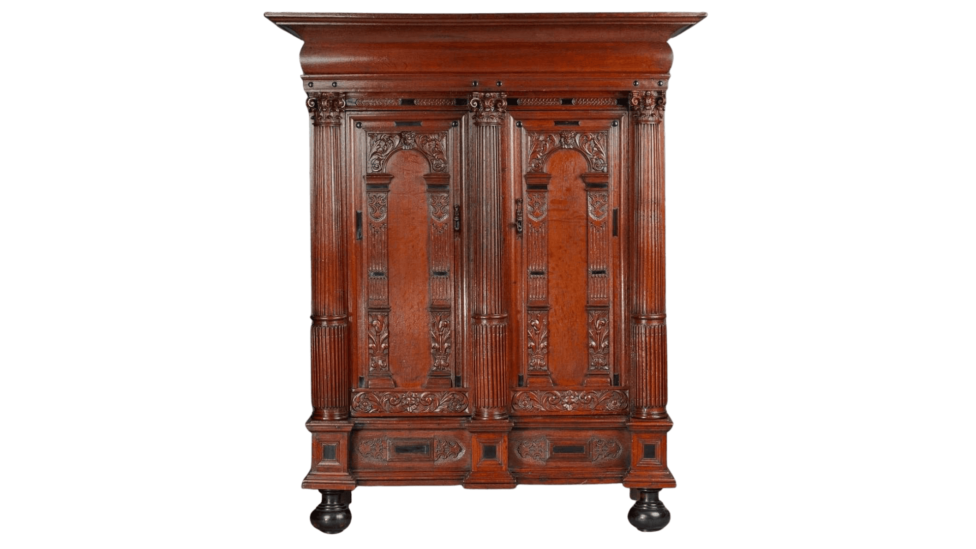 A dark wood armoire with ornate carvings and fluted columns. It features double doors with decorativ… — 3D model