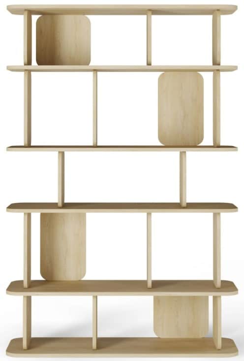 A modern, light-toned wooden shelving unit featuring an open, asymmetrical design with integrated cl… — 3D model