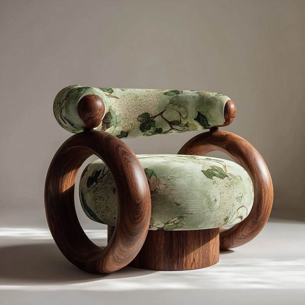 A highly stylized accent chair featuring a circular upholstered seat and a curved, rounded upholster… — free OBJ 3D model