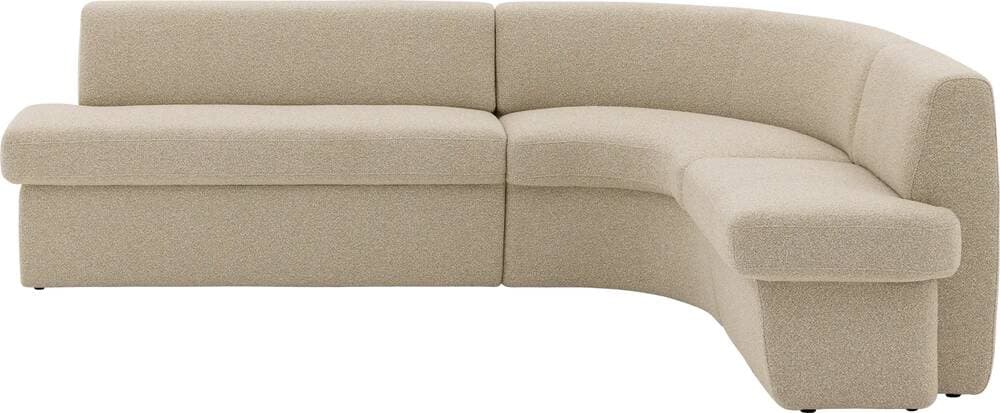 A light beige, upholstered modular sectional sofa featuring a distinct curved corner section. The sofa has a contemporary design with a low profile and integrated, plush cushions. The fabric appears to be a boucle or textured weave, and the sofa consists of multiple connectable units. — 3D model