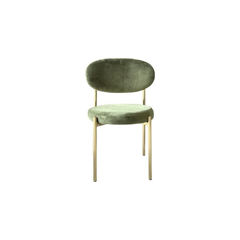 A modern armless chair featuring a green velvet upholstery on a rounded seat and backrest, supported by slender, gold-finished metal legs. — 3D model