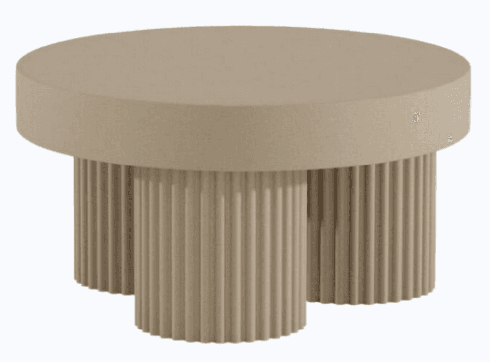 A round coffee table with a solid, flat top and a textured base composed of three cylindrical legs. The legs feature vertical fluting, creating a ribbed effect. The overall design is minimalist and modern. — 3D model
