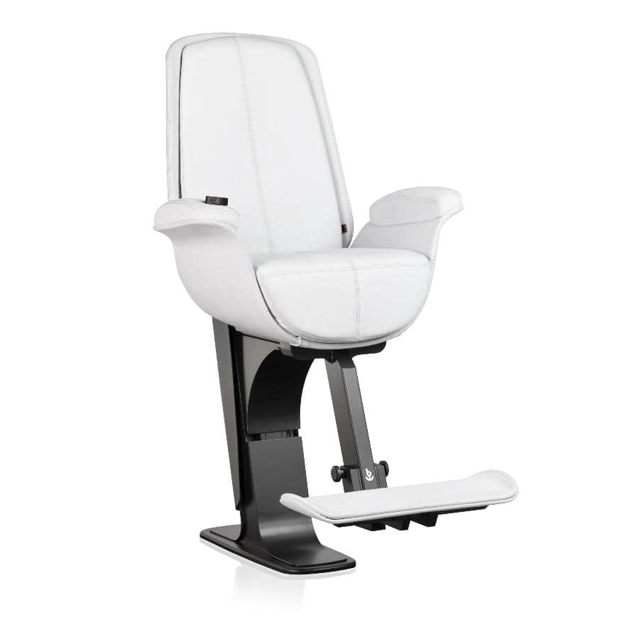 A modern professional barber chair featuring white upholstered seating surfaces, padded armrests, an… — free GLB 3D model
