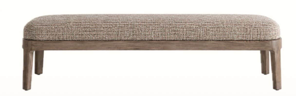 A long, rectangular upholstered bench featuring a light neutral, textured fabric top and a solid woo… — free BLEND 3D model