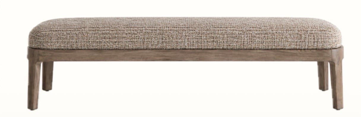 A long, rectangular upholstered bench featuring a light neutral, textured fabric top and a solid wooden frame with gently splayed legs, presented against a white background. — 3D model