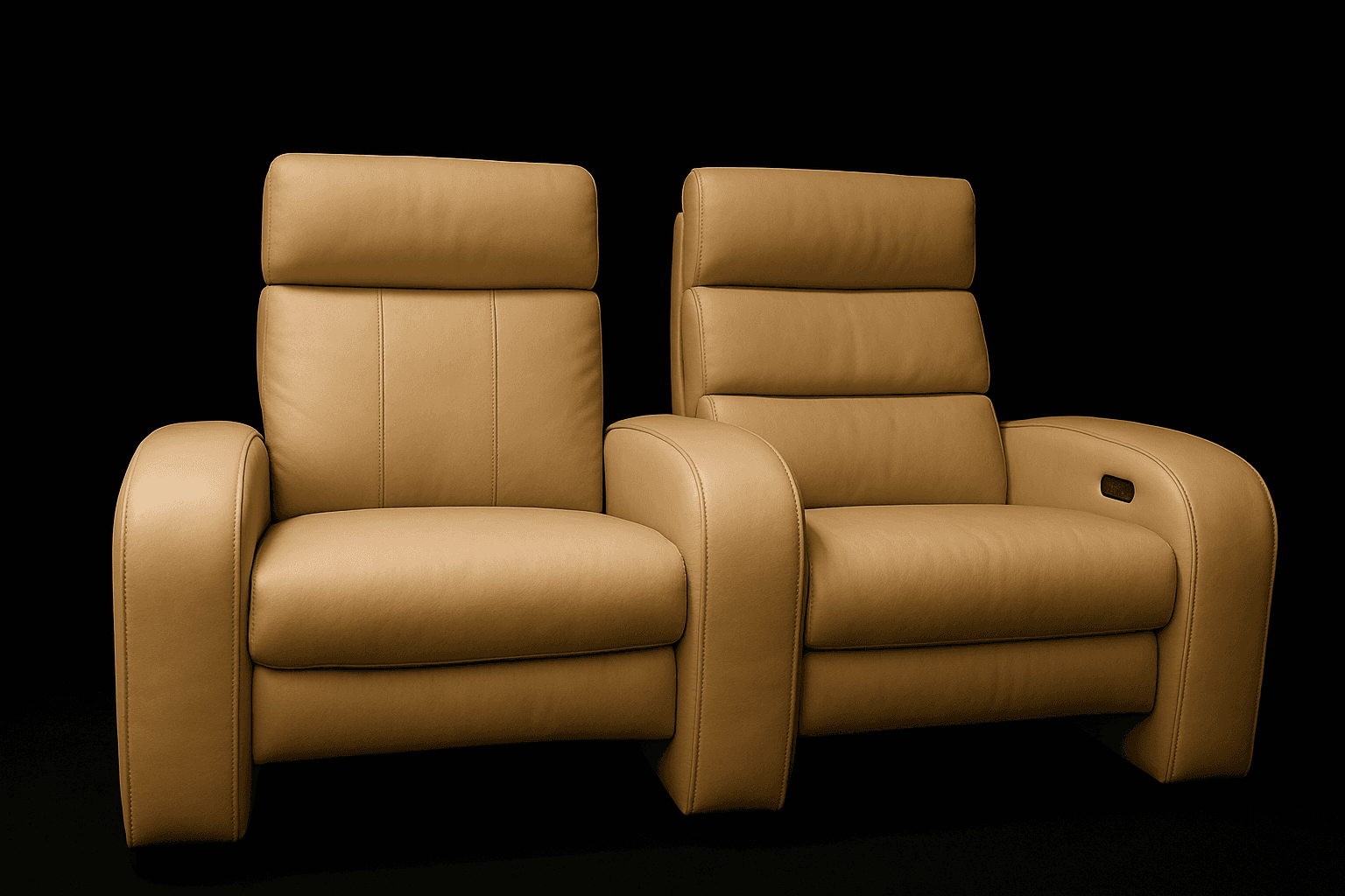 A pair of connected recliners upholstered in a tan leather-like material. Each recliner features a high back with segmented cushioning and padded armrests. The recliner on the right shows a visible control panel embedded in the armrest, suggesting electronic reclining functionality. The overall design is modern and appears to be intended for home theater or lounge seating. — 3D model
