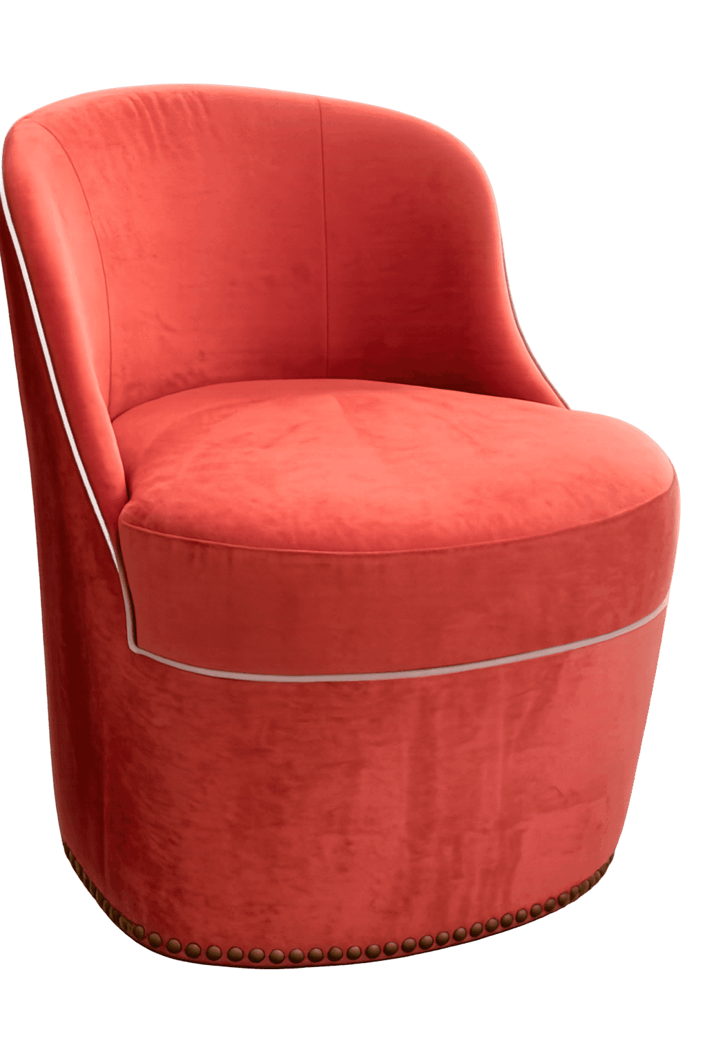 A plush armchair with a rounded back and seat, upholstered in a coral-colored velvet fabric. The cha… — free OBJ 3D model