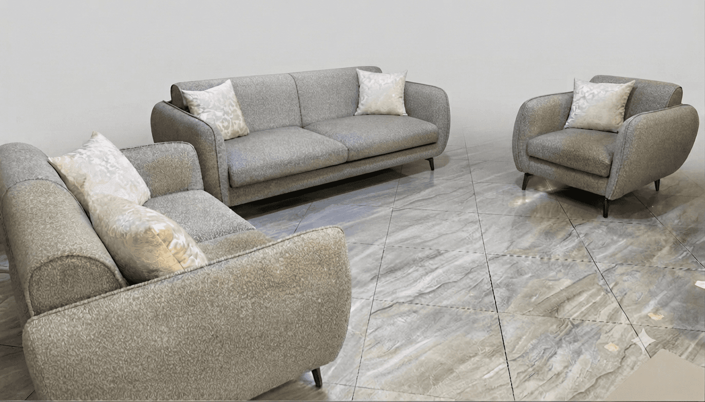 A modern two-seater sofa featuring light gray textured upholstery, curved track arms, and sleek tape… — 3D model