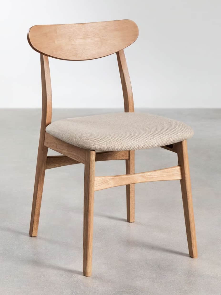 A minimalist dining chair featuring a light-toned wooden frame, a gently curved backrest, and a beig… — free GLB 3D model