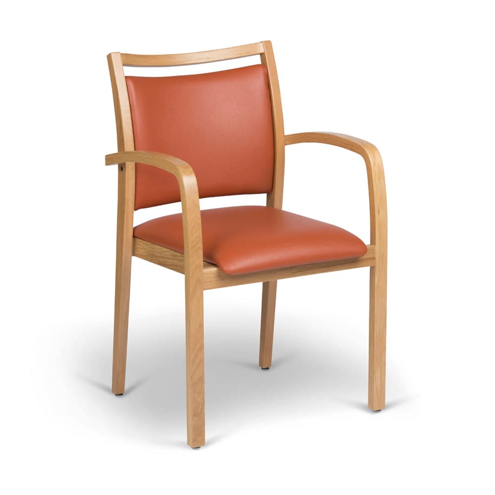 A wooden framed armchair with a cushioned seat and backrest in a reddish-orange upholstery. The chair has a simple, modern design with curved armrests and a slightly curved back. — 3D model