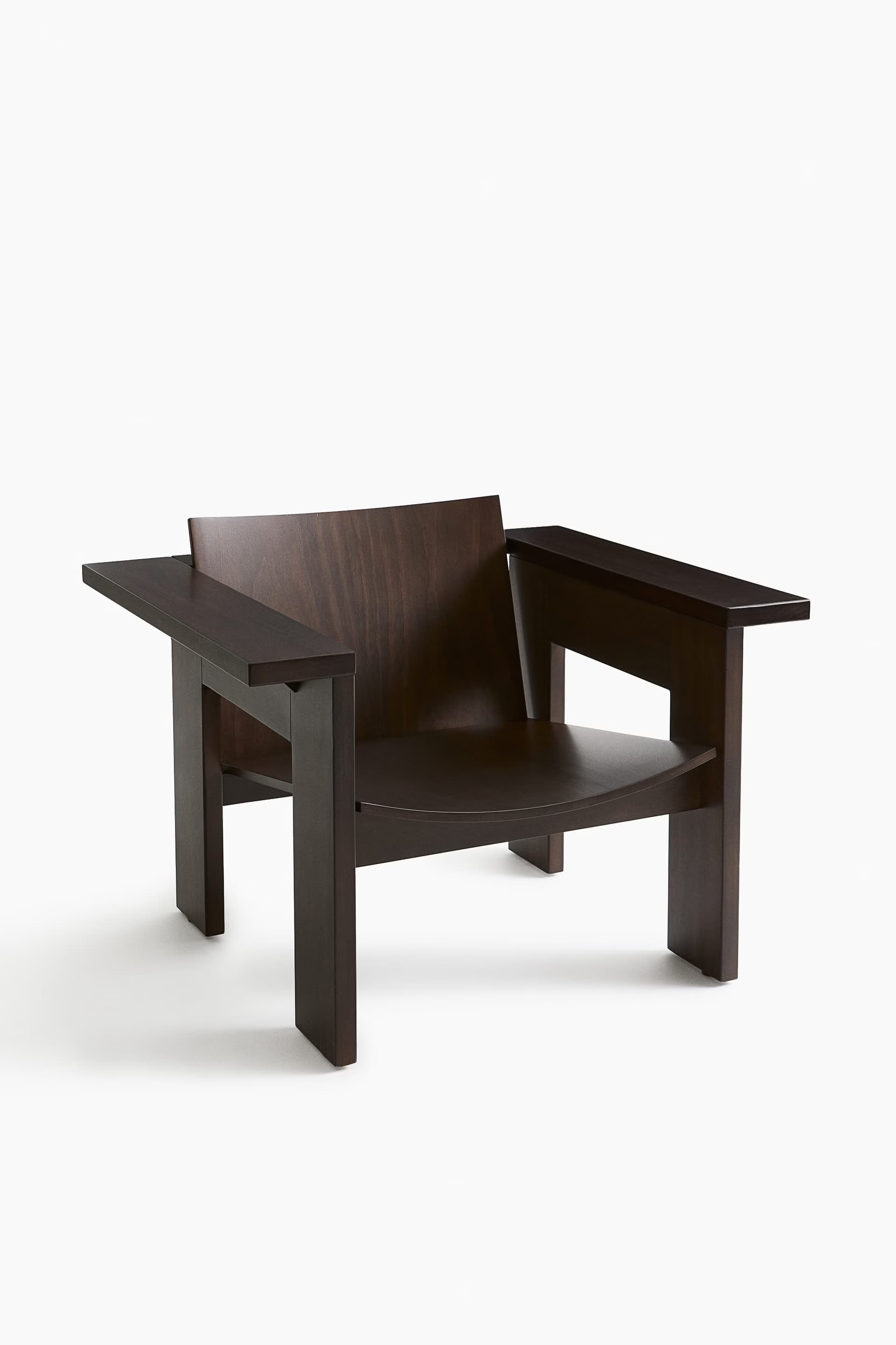 A sturdy, dark brown wooden armchair with a minimalist, angular design. It features broad, flat armrests, a straight backrest, and a slightly contoured seat, all supported by thick, block-like legs. The wood grain is visible, adding texture to its dark finish. — 3D model