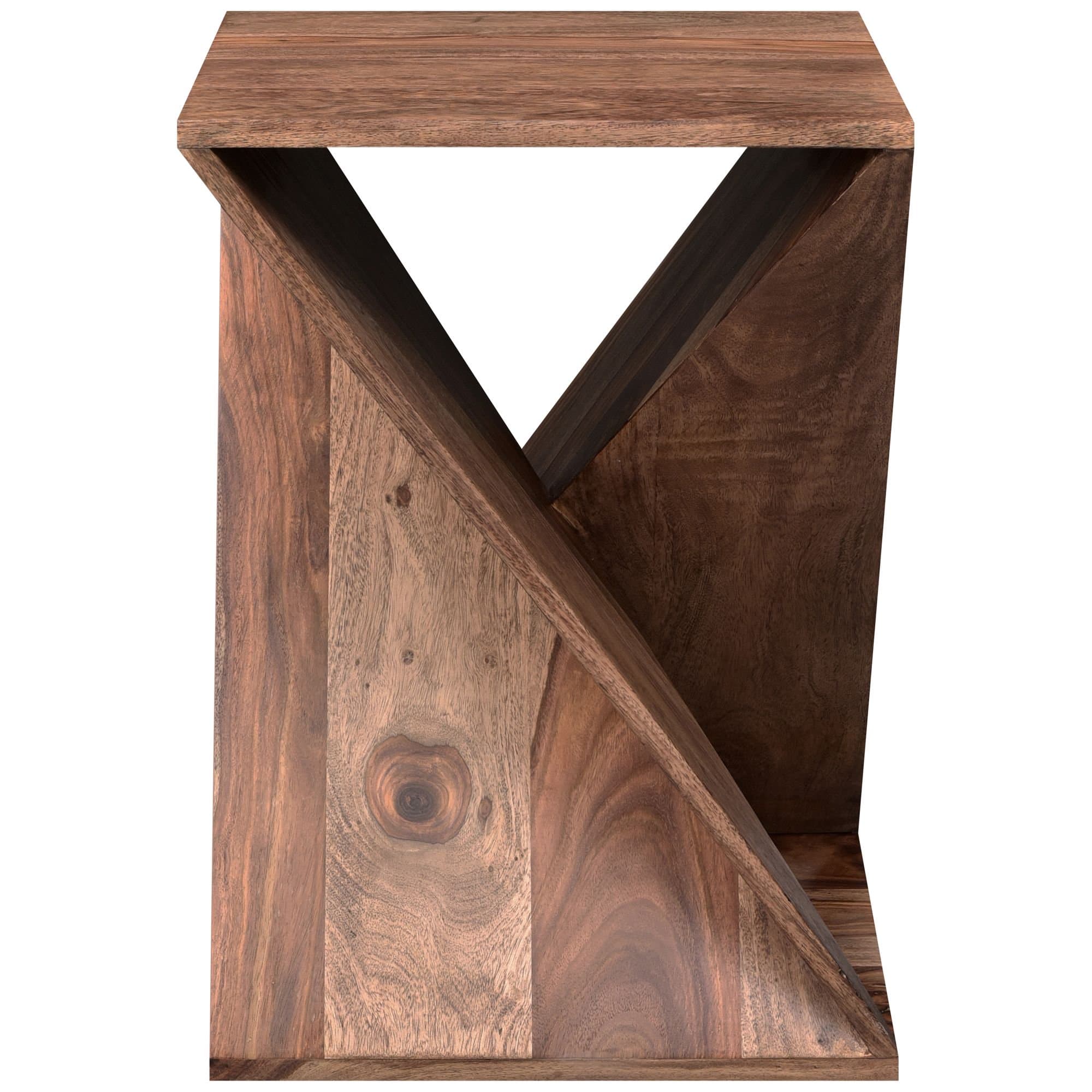A wooden end table with a unique, angular geometric design. The structure features an open triangular void created by intersecting planes. The wood grain is prominent, showcasing variations in tone and texture, with visible knots. — 3D model