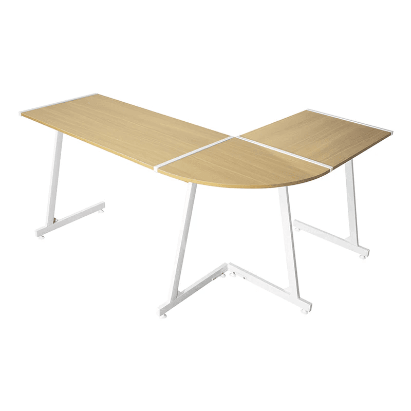 An L-shaped corner desk featuring a light wood-look laminate desktop and a white powder-coated metal frame. The desktop consists of two rectangular sections joined by a curved corner piece, creating a spacious work surface. The white metal legs are designed in a minimalist, angled style, providing stable support. The overall aesthetic is modern and functional, suitable for contemporary office or home environments. — 3D model