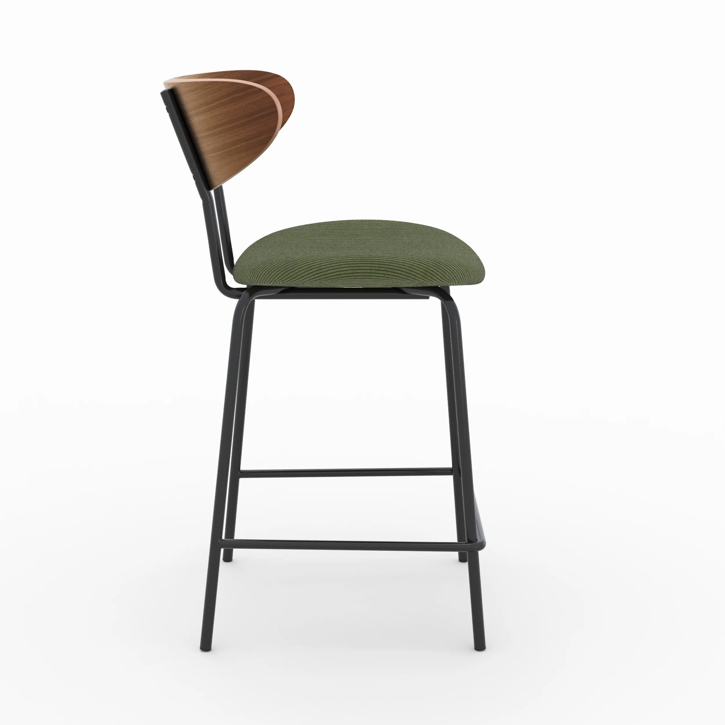 A bar stool with a curved wooden backrest and a green upholstered seat, supported by a black metal frame with footrests. — 3D model