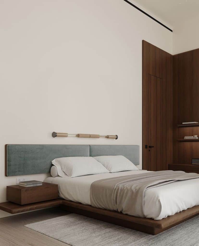 A modern platform bed featuring a dark wood frame, an upholstered headboard, and integrated floating… — free BLEND 3D model