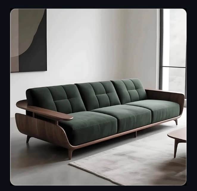 A three-seater sofa with a prominent, curved dark-toned wooden frame that forms the armrests and ext… — 3D model