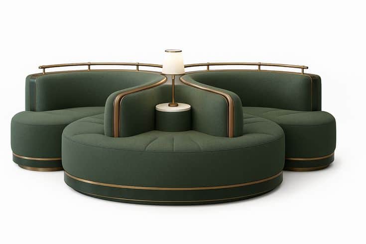 A modular, circular sofa arrangement featuring upholstered seating segments. It incorporates curved… — free GLTF 3D model