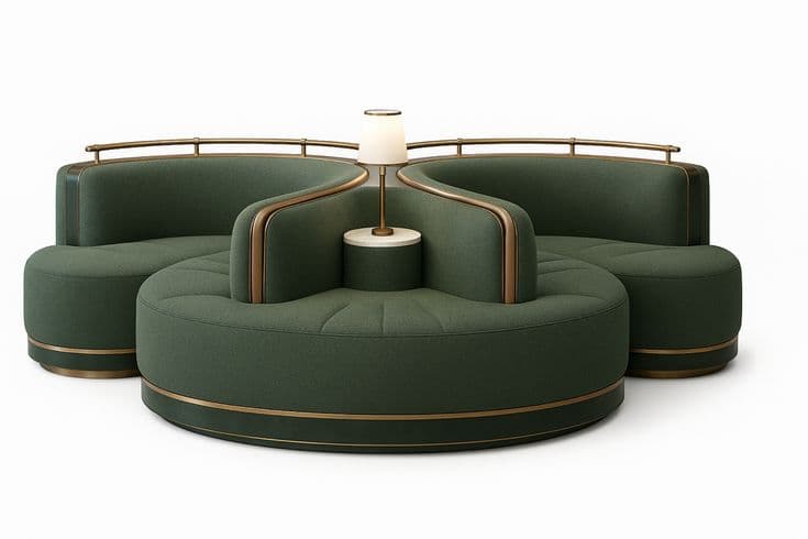 A modular, circular sofa arrangement featuring upholstered seating segments. It incorporates curved backrests with decorative metal trim and a central, integrated table element topped with a small lamp. The design suggests a modern or art deco aesthetic. — 3D model