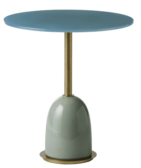 A modern accent table featuring a round blue top, a slender brass stem, and a bell-shaped ceramic base with a crackle glaze finish, resting on a circular brass foot. — 3D model