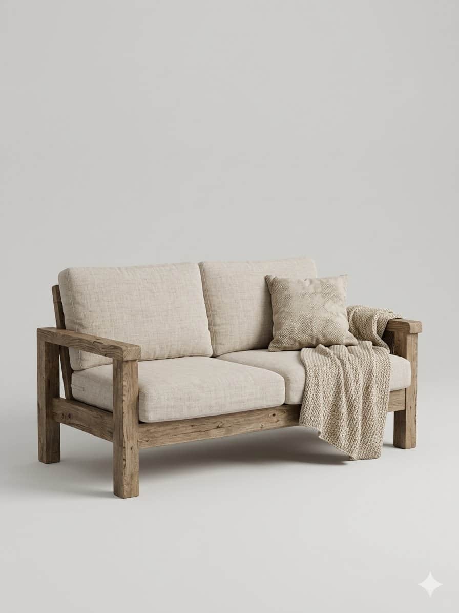A two-seater sofa featuring a robust, exposed wooden frame with a rustic finish and light beige upho… — 3D model