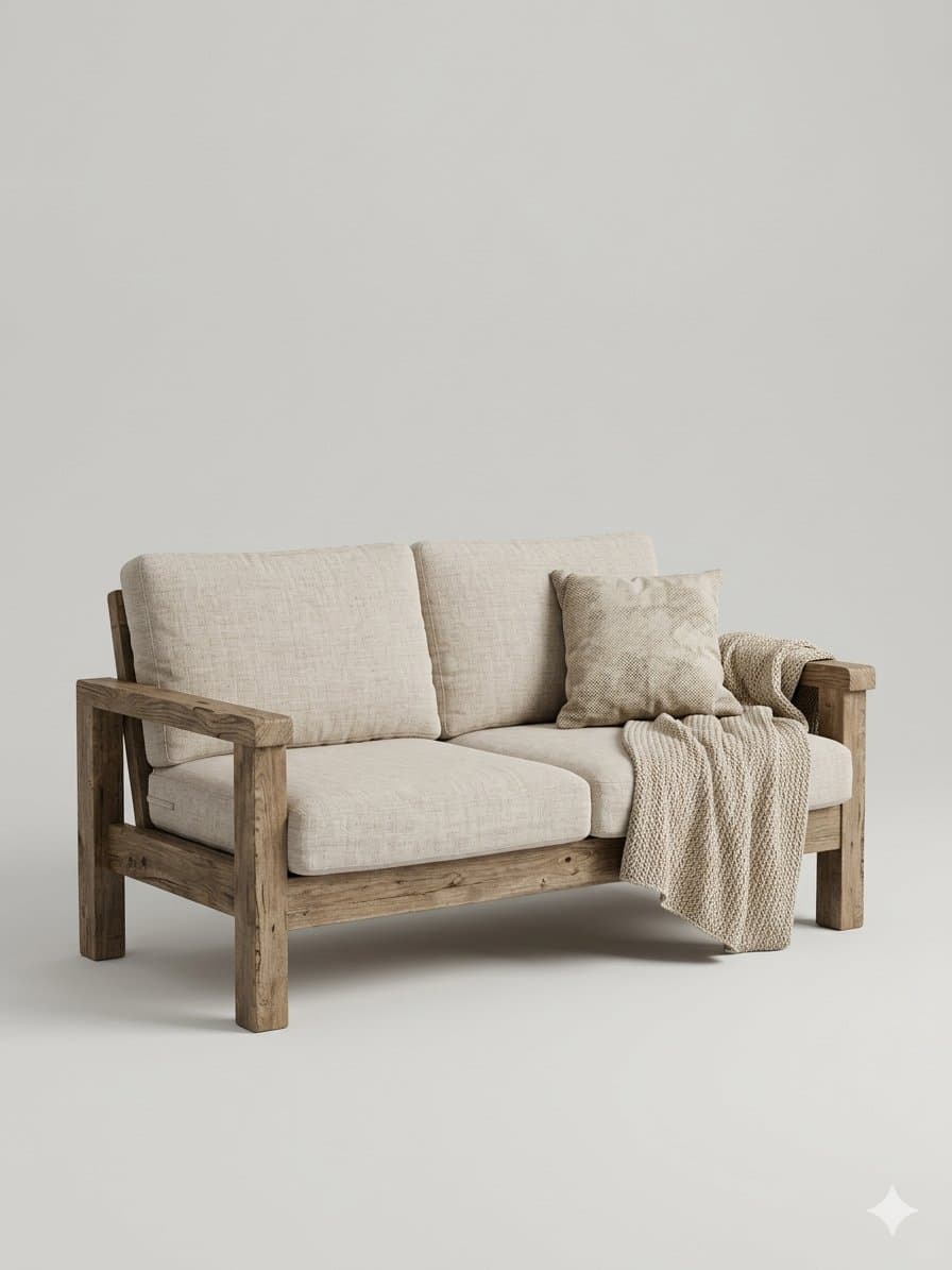 A two-seater sofa featuring a robust, exposed wooden frame with a rustic finish and light beige upholstered cushions, accompanied by a knitted throw and a decorative pillow. — 3D model