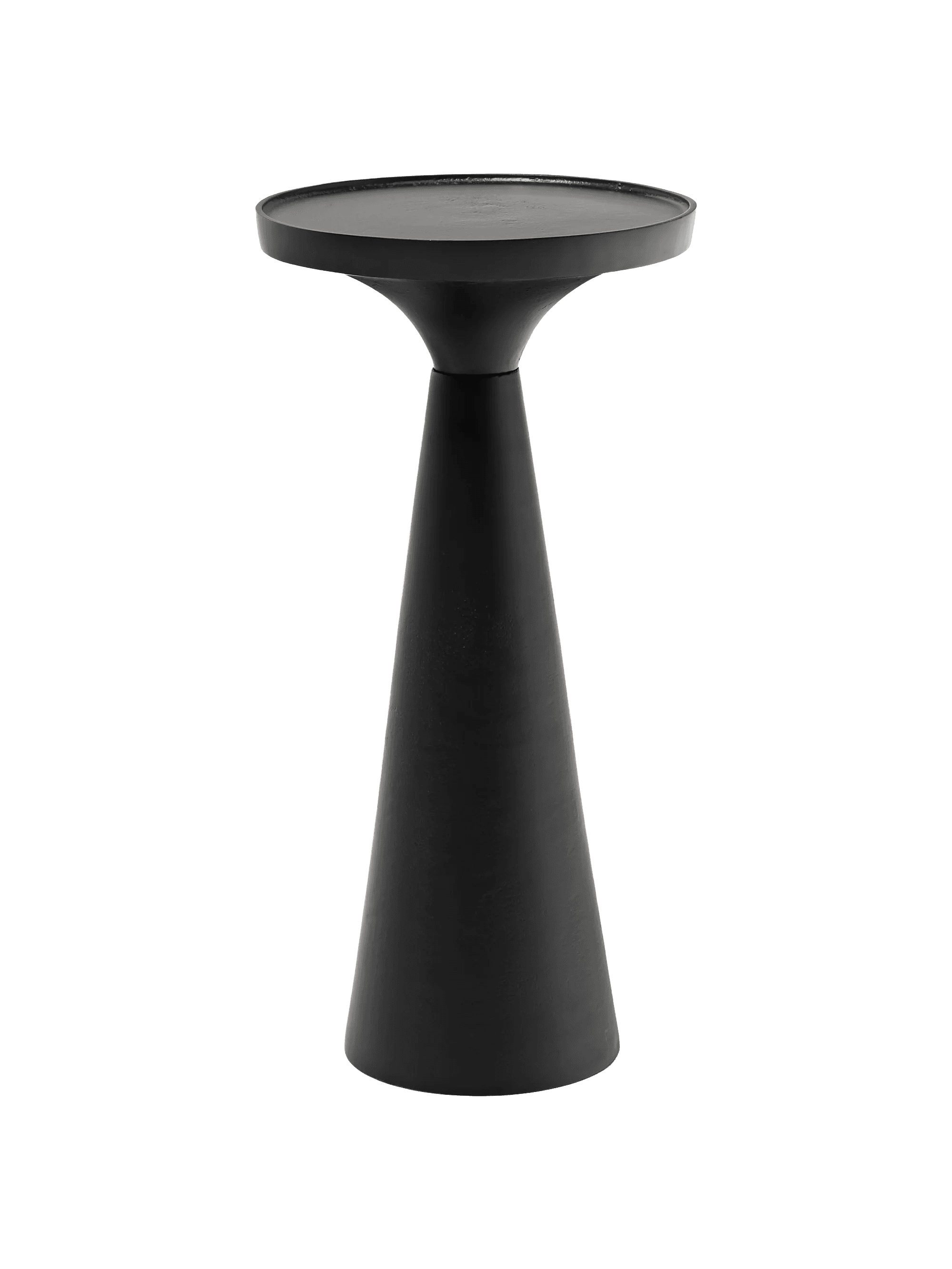 A minimalist black side table featuring a circular top and a conical pedestal base, presented on a white background. — 3D model