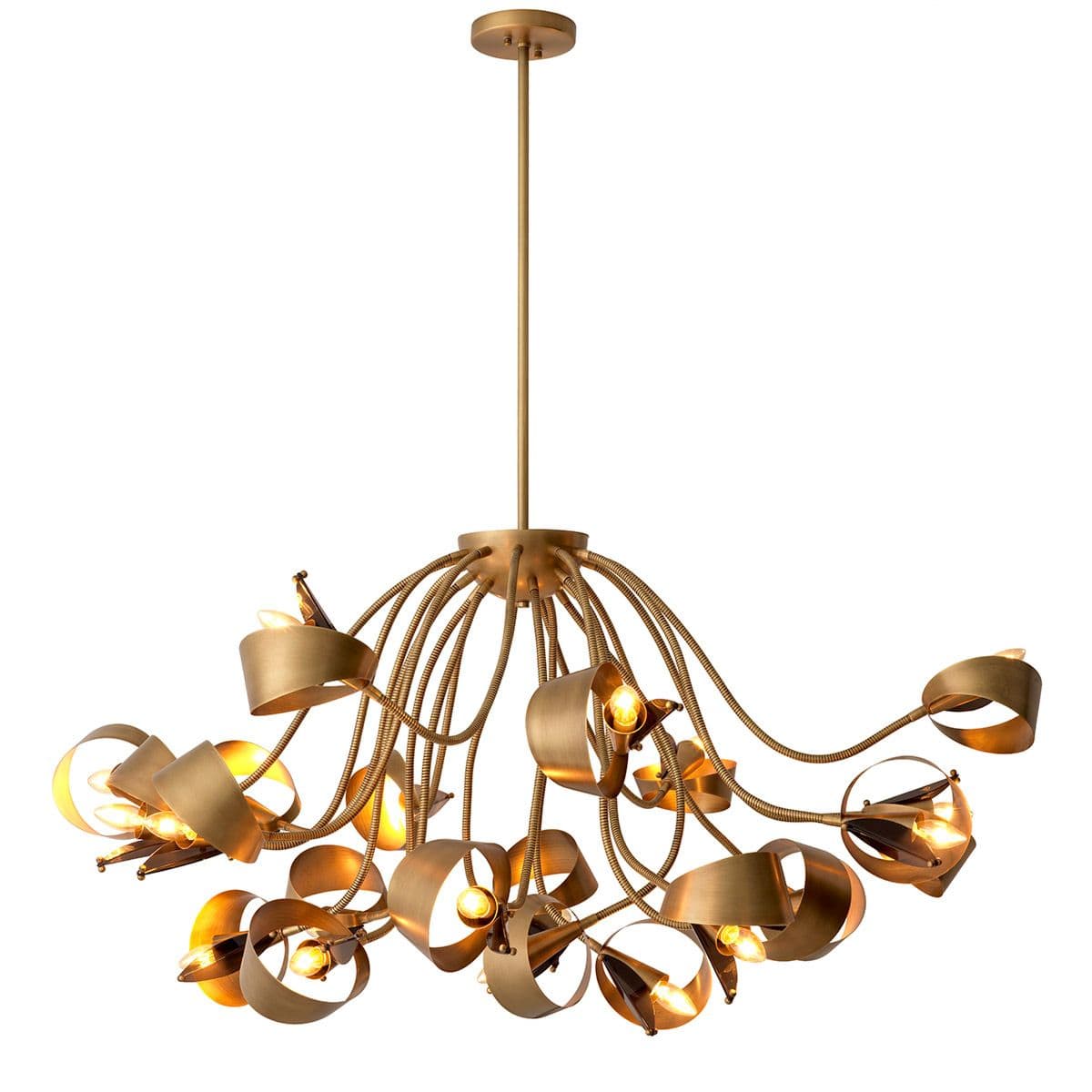 A modern chandelier with a central brass stem extending downwards from a ceiling mount. Numerous flexible, spring-like arms radiate outwards from a central hub. Each arm terminates in a decorative element, typically a curved metal piece shaped like a ribbon or funnel, which houses one or more light bulbs. The overall design is organic and sculptural, with the individual arms displaying varied positions and heights. — 3D model
