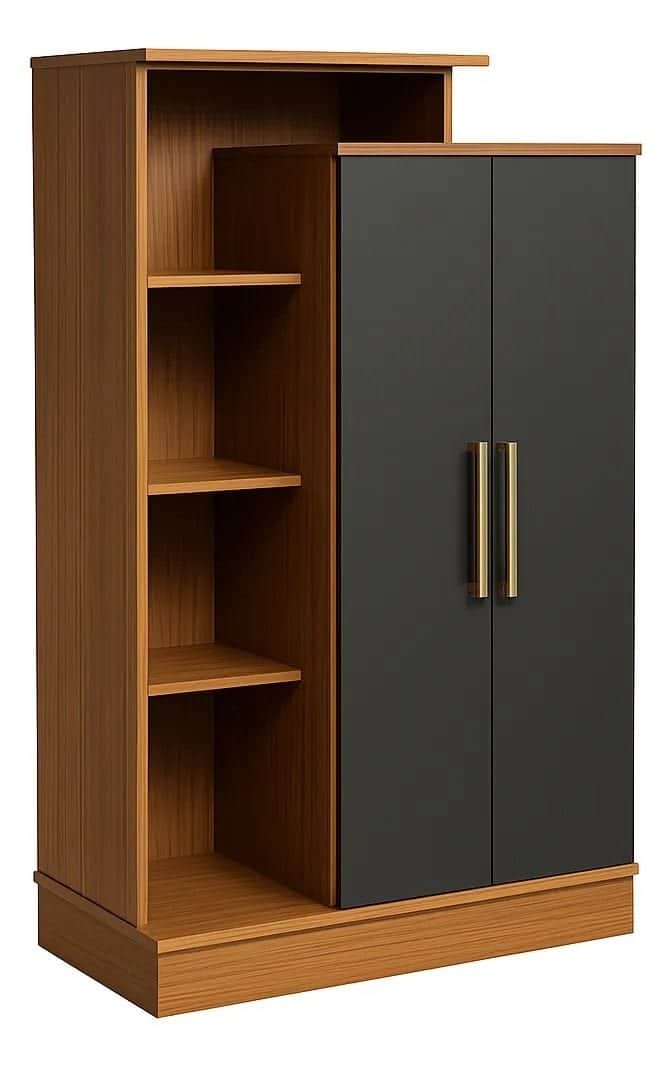 A contemporary multi-functional storage unit featuring a combination of open shelving and a two-door… — 3D model
