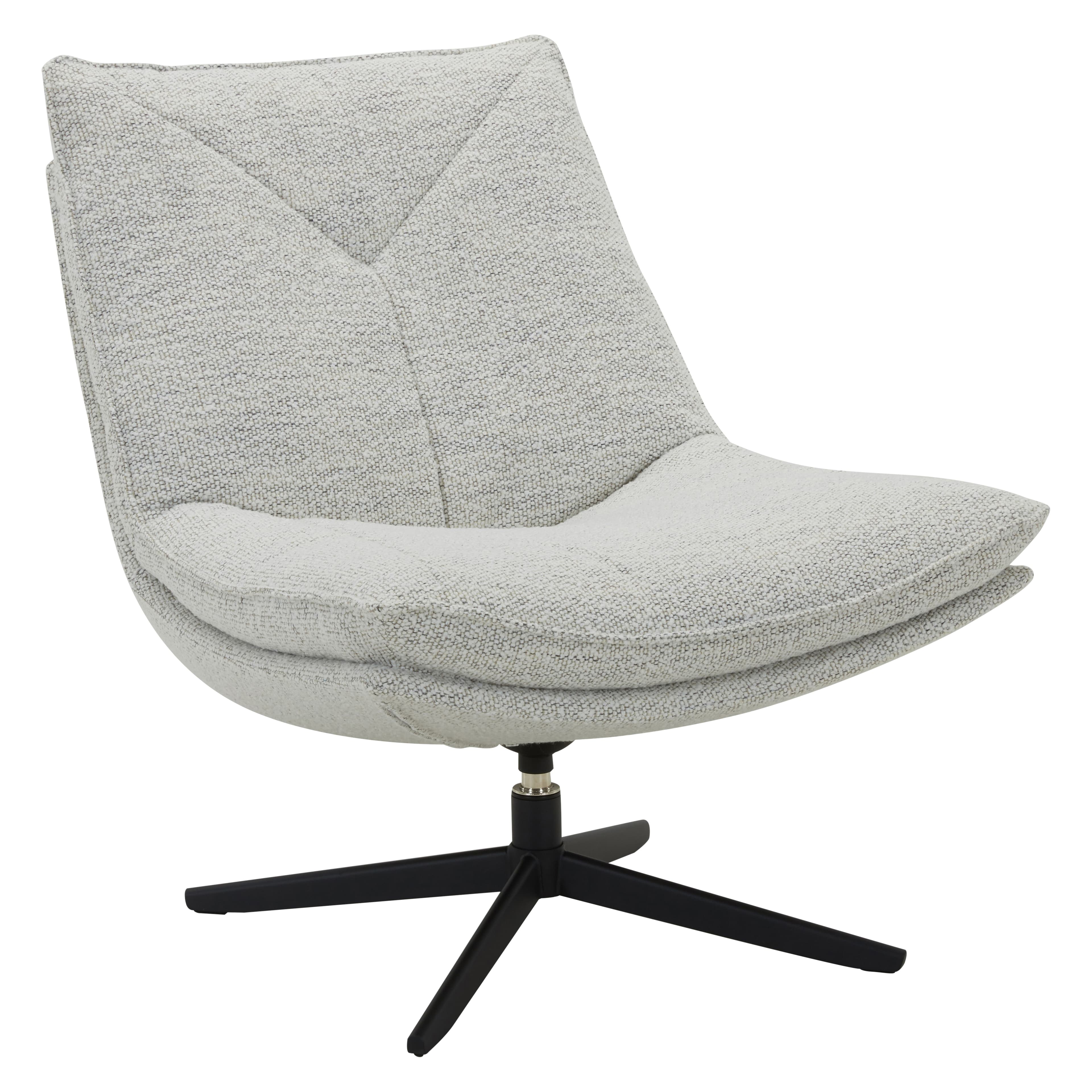An armless contemporary lounge chair upholstered in a light grey, textured woven fabric, featuring a deeply scooped seat and a reclined back with distinct stitching. It is supported by a sleek, matte black four-star swivel base. — 3D model