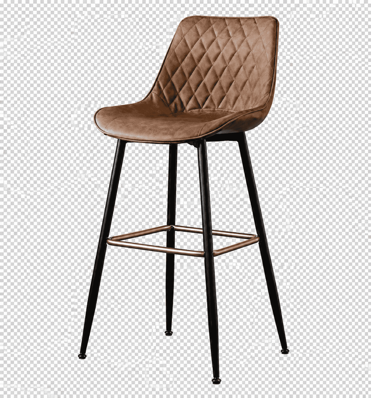 A contemporary bar stool featuring a brown diamond-quilted faux leather seat on a black metal base with an integrated brass-toned footrest. — 3D model