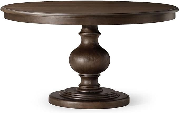 A dark brown round dining table featuring a solid top and a substantial turned pedestal base, resting on a tiered circular plinth. — 3D model