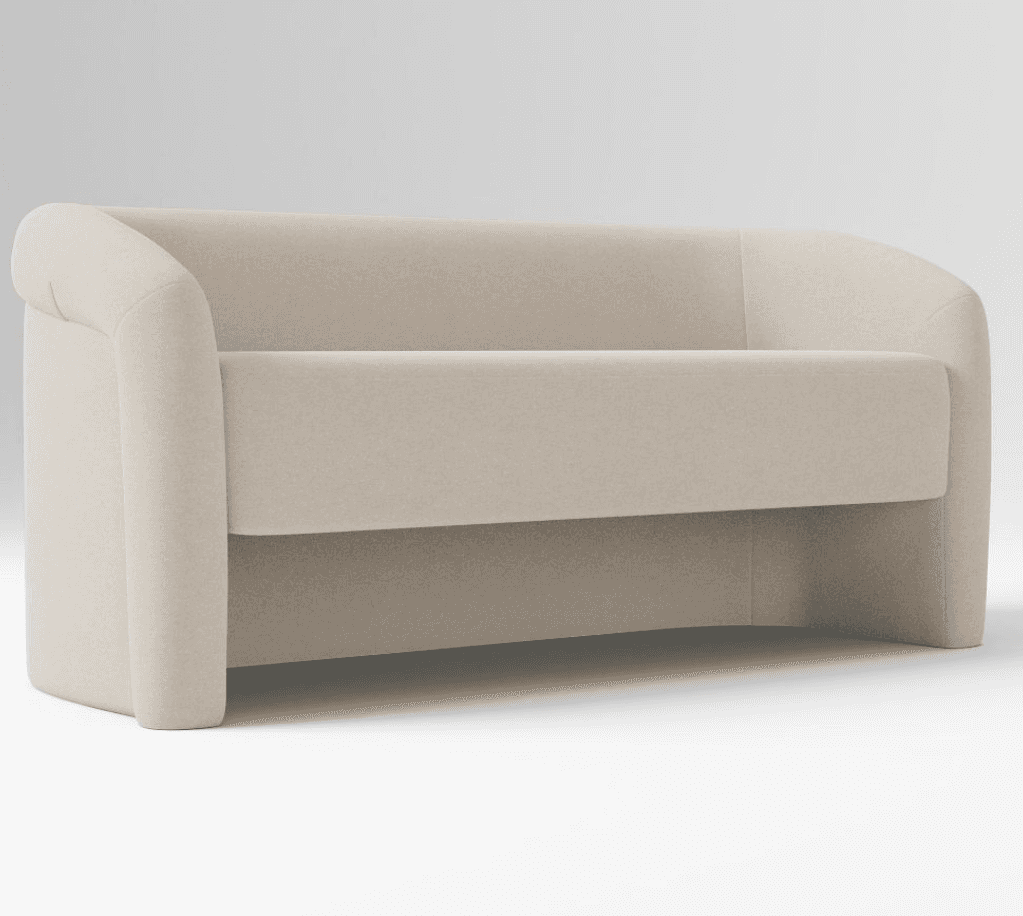 A compact, upholstered sofa with a low profile and rounded armrests. The sofa features a continuous… — 3D model